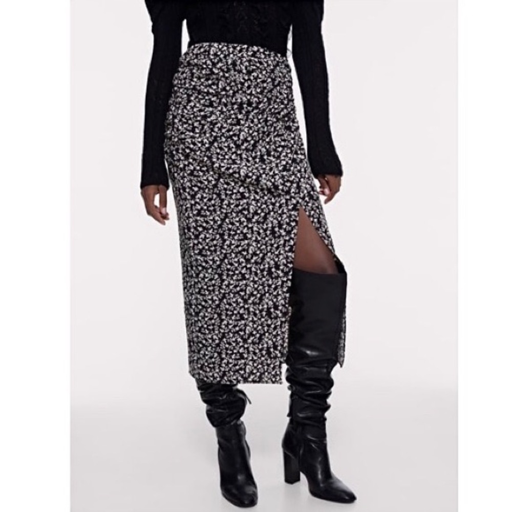 Zara Black Floral Print Midi Skirt
